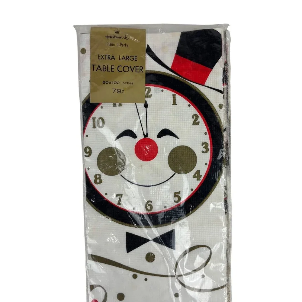 Vintage New Year's Eve Tablecloth Happy Clock Print 60 x 102 Party Table Cover